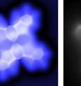 Left: This is a simulated atomic force microscopy image. In this method, the tip of the microscope scans the surface of the sample (here: a single cobalt phthalocyanine (CoPC) molecule), measuring the force gradient, i.e. the change of force with distance between tip and sample.

Centre: Simulated scanning tunnelling microscopy image In this method, the tip of the microscope scans the surface of the sample (here: a single cobalt phthalocyanine (CoPC) molecule), recording the resulting tunneling current between tip and sample surface.

Right: Simulation of an inelastic electron tunnelling spectroscopy image In this method, the tip of the microscope scans the surface of the sample (here: a single cobalt phthalocyanine (CoPC) molecule), detecting shifts in the vibrational frequency of the sensor particle oscillating against the tip.