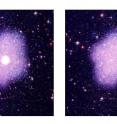 This is an artist's impression of dark matter distribution. Left image assumes conventional dark matter theories, where dark matter would be highly peaked in small area in galaxy center. Right image assumes SIMPs, where dark matter in galaxy would spread out from the center.