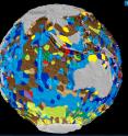 This is a still shot of the world's first digital map of the seafloor's geology.