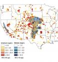 The intensity of groundwater contamination via uranium (red) and nitrate (blue) is shown in two major aquifers and other sites through out the nation. UNL researcher Karrie Weber says the availability of uranium data pales compared to that of nitrate.