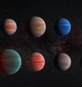 This image shows an artist's impression of the ten hot Jupiter exoplanets studied by David Sing and his colleagues. From top left to to lower left these planets are WASP-12b, WASP-6b, WASP-31b, WASP-39b, HD 189733b, HAT-P-12b, WASP-17b, WASP-19b, HAT-P-1b and HD 209458b.