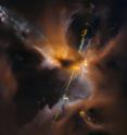 This celestial lightsaber does not lie in a galaxy far, far away, but rather inside our home galaxy, the Milky Way. It's inside a turbulent birthing ground for new stars known as the Orion B molecular cloud complex, located 1,350 light-years away.