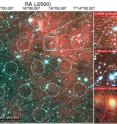 This image shows the field of view of the Parkes radio telescope on the left. On the right are successive zoom-ins in on the area where the signal came from (cyan circular region). The image at the bottom right shows the Subaru Telescope's image of the FRB galaxy, with the superimposed elliptical regions showing the location of the fading 6-day afterglow seen with ATCA.