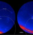 Fermi LAT images showing the gamma-ray sky around the blazar PKS B1424-418. Brighter colors indicate greater numbers of gamma rays. The dashed arc marks part of the source region established by IceCube for the Big Bird neutrino (50-percent confidence level). Left: An average of LAT data centered on July 8, 2011, covering 300 days when the blazar was inactive. Right: An average of 300 active days centered on Feb. 27, 2013, when PKS B1424-418 was the brightest blazar in this part of the sky. Fermi LAT images showing the gamma-ray sky around the blazar PKS B1424-418. Brighter colors indicate greater numbers of gamma rays. The dashed arc marks part of the source region established by IceCube for the Big Bird neutrino (50-percent confidence level). Left: An average of LAT data centered on July 8, 2011, covering 300 days when the blazar was inactive. Right: An average of 300 active days centered on Feb. 27, 2013, when PKS B1424-418 was the brightest blazar in this part of the sky.