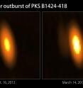 These radio images from the TANAMI project reveal the 2012-2013 eruption of PKS B1424-418 at a radio frequency of 8.4 GHz. The core of the blazar's jet brightened by four times, producing the most dramatic blazar outburst TANAMI has observed to date. These radio images from the TANAMI project reveal the 2012-2013 eruption of PKS B1424-418 at a radio frequency of 8.4 GHz. The core of the blazar's jet brightened by four times, producing the most dramatic blazar outburst TANAMI has observed to date.