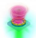 The image above shows vortex laser on a chip. Because the laser beam travels in a corkscrew pattern, encoding information into different vortex twists, it's able to carry 10 times or more the amount of information than that of conventional lasers.
